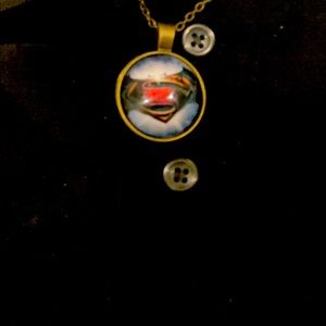 Superman logo cabochon glass bronze necklace